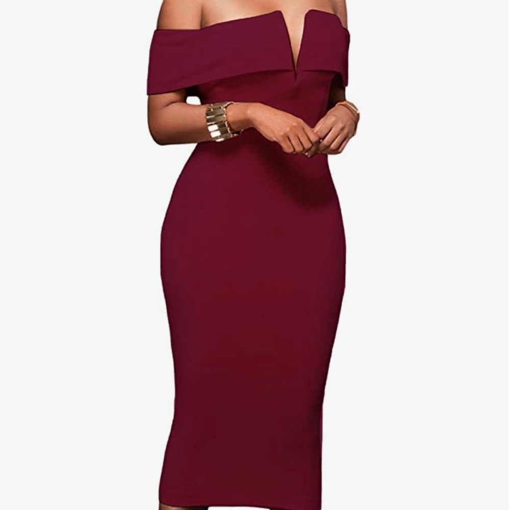Women's V Neck Off The Shoulder Evening Bodycon Club Midi Dress